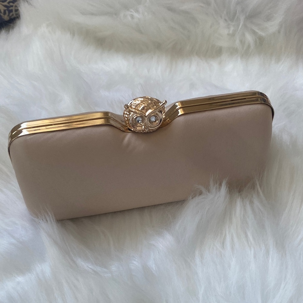 Jessica McClintock Cream Satin Clutch with Gold Owl Accent